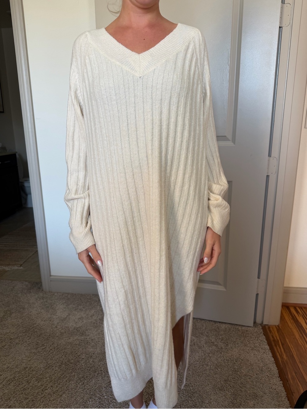 H&M Cream Ribbed V-Neck Maxi Sweater Dress